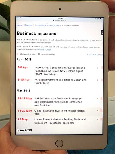 iPad showing the business missions calendar