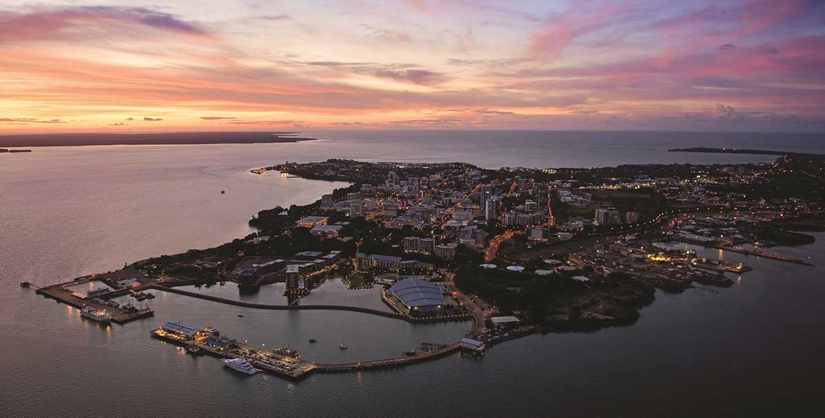 Aerial view of Darwin city at sunset