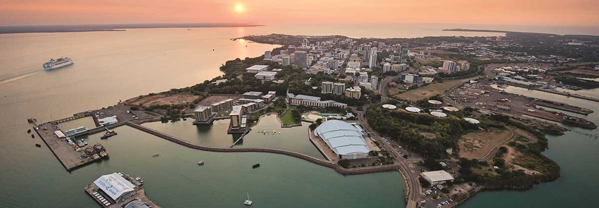 Aerial view of Darwin Waterfront at sunset