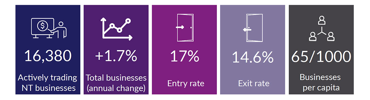 Actively trading NT businesses: 16,380; Annual change in total businesses: +1.7%; Entry rate: 17%; Exit rate: 14.6%; Business per capita: 65/1000; Strongest entry growth contributor: Construction.