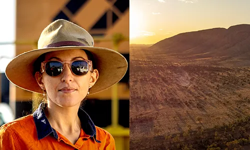 Split image showing a person in a hat and sunglasses beside an arid landscape with distant mountains.