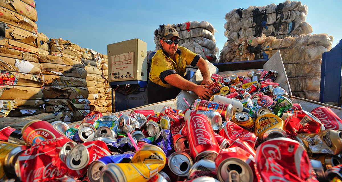 Drink cans being recycled