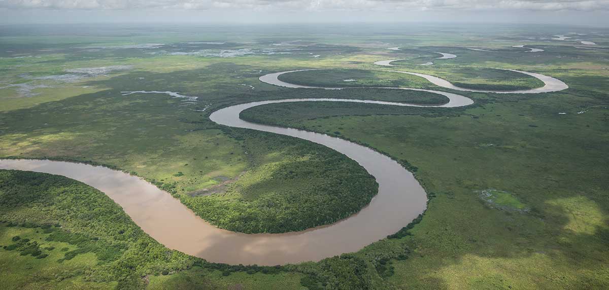 Aerial view of winding river