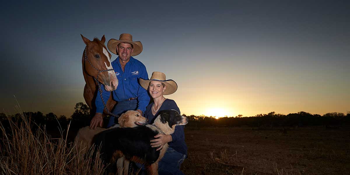 Tom and Annabell Curtain with their horse and dogs