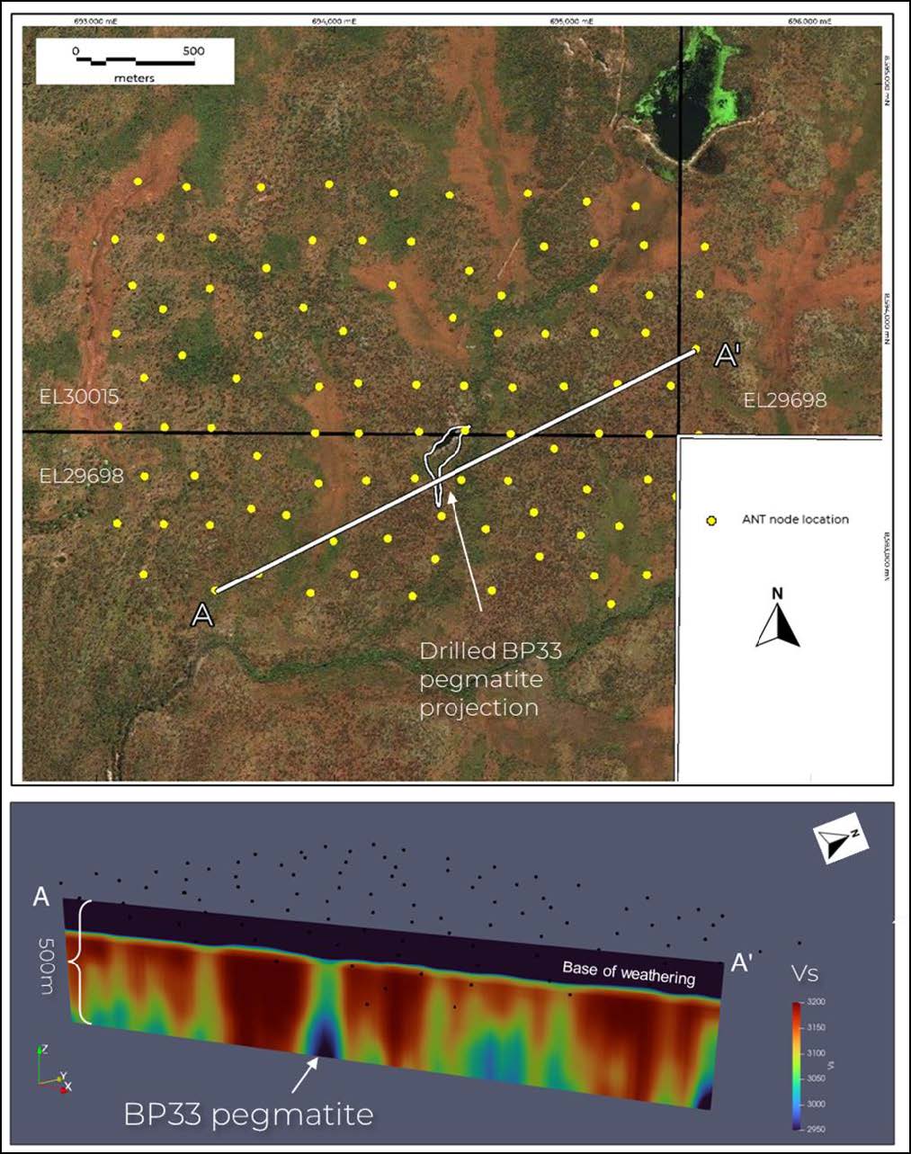 Slice of 3D velocity model &ndash; from the southern part of Core Lithium&rsquo;s BP33 tenement &ndash; showing pegmatite response, explored during the trial with Fleet Space Technologies.