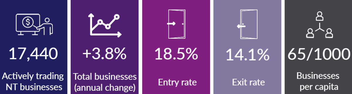 Actively trading NT businesses: 16,796; Annual change in total businesses: +2.5%; Entry rate: 17%; Exit rate: 13.7%; Business per capita: 64/1000; Strongest entry growth contributor: Construction.